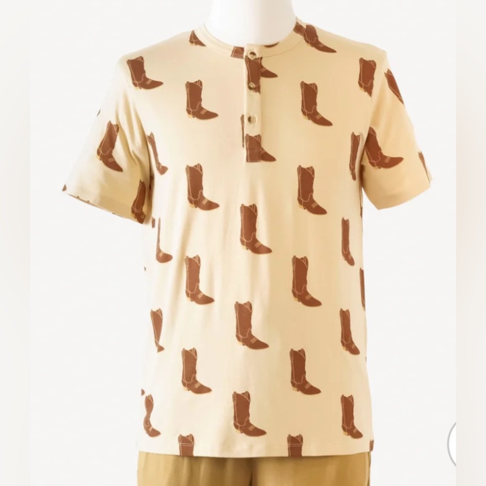 M🤠 Kate Quinn Short Sleeve Western Cowboy Boot Henley Top Viscose Bamboo *NEW*
